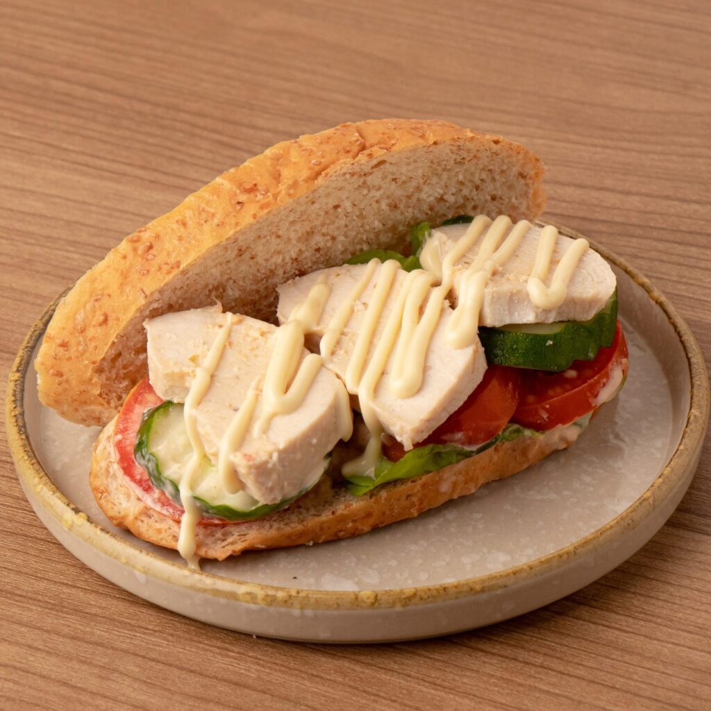 F31 GRILLED CHICKEN WITH WHOLE WHEAT BREAD AND THOUSAND ISLAND DRESSING